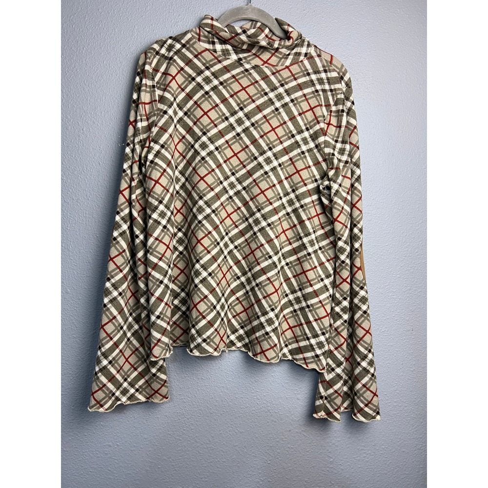 Umgee USA Sm Plaid Academia Turtleneck Y2K Tan Olive Red Elbow Patches Boho